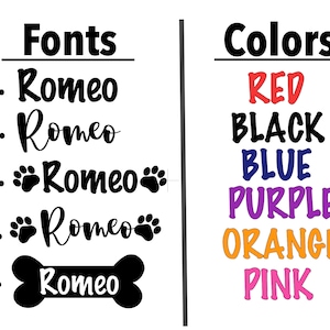 May include: A graphic showing five different font styles for the word "Romeo" and six colour options: red, black, blue, purple, orange, and pink.