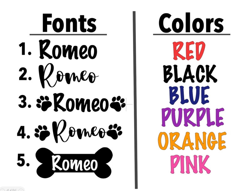 May include: A graphic showing five different font styles for the word "Romeo" and six colour options: red, black, blue, purple, orange, and pink.