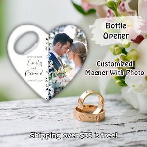 Personalized photo wedding favors, bottle opener magnet