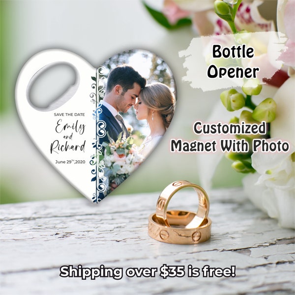 Personalized photo wedding favors, bottle opener magnet