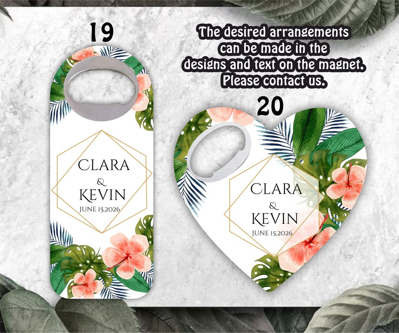 Tropical themed wedding favors, Eucalyptus themed bottle openers, Customizable Magnets image 2