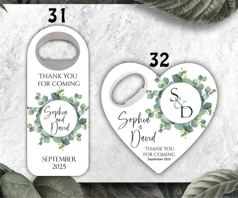 Tropical themed wedding favors, Eucalyptus themed bottle openers, Customizable Magnets image 9