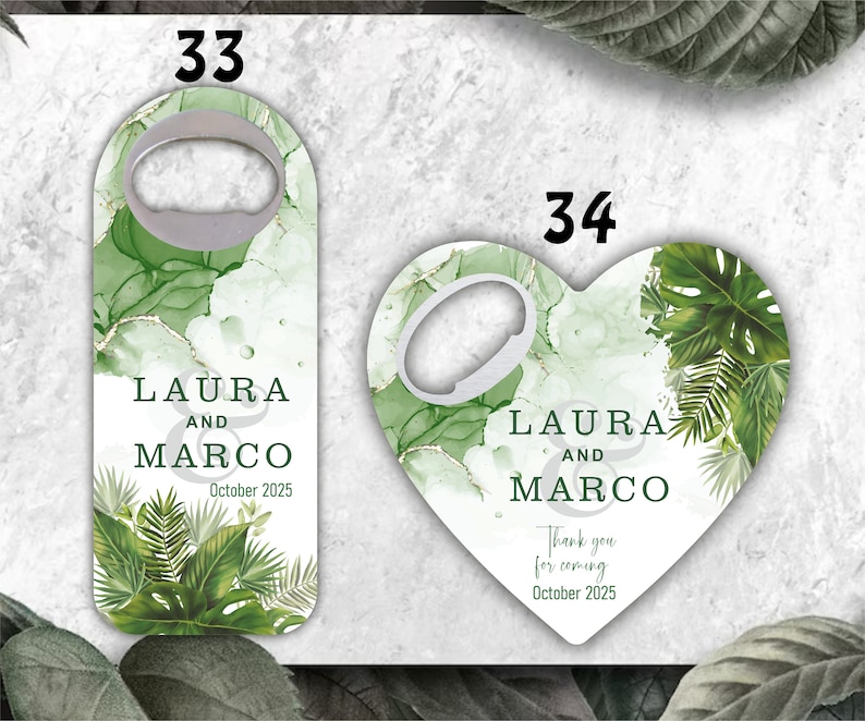 Tropical themed wedding favors, Eucalyptus themed bottle openers, Customizable Magnets image 10