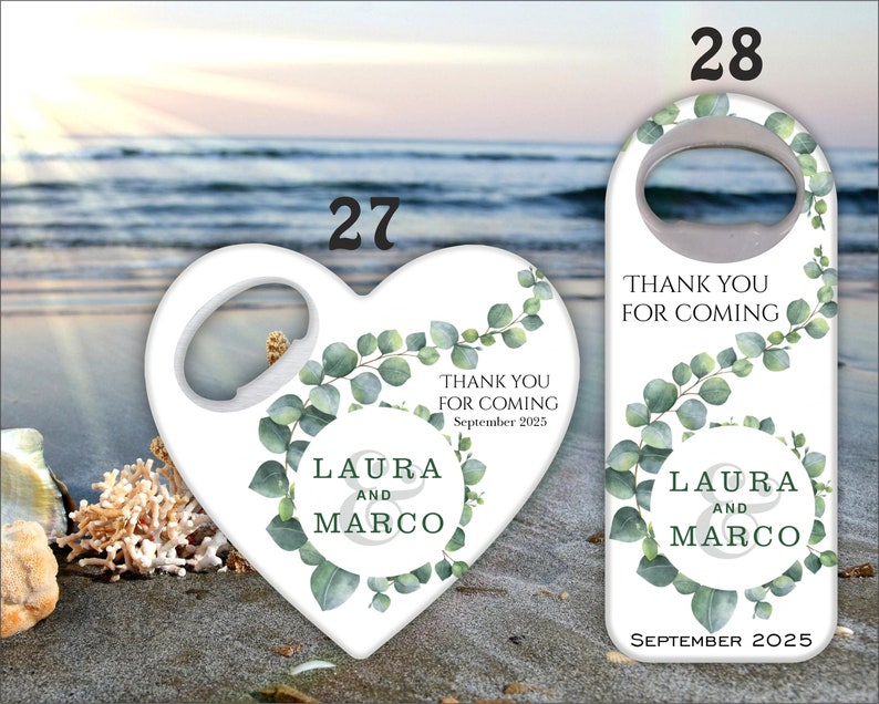 Tropical themed wedding favors, Eucalyptus themed bottle openers, Customizable Magnets image 7