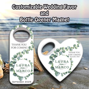 Tropical themed wedding favors, Eucalyptus themed bottle openers, Customizable Magnets image 1