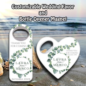 Tropical themed wedding favors, Eucalyptus themed bottle openers, Customizable Magnets