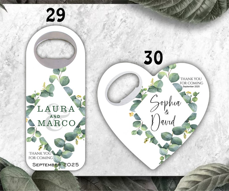 Tropical themed wedding favors, Eucalyptus themed bottle openers, Customizable Magnets image 8