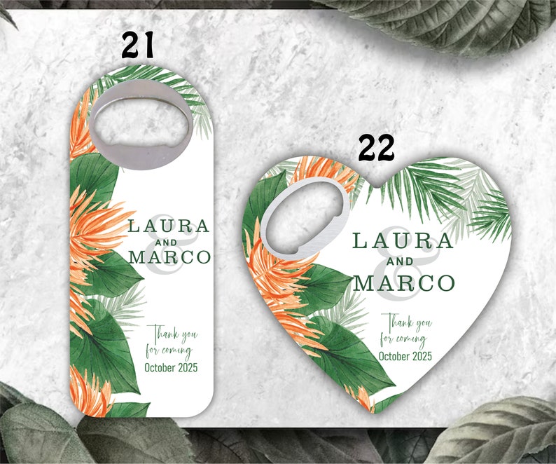 Tropical themed wedding favors, Eucalyptus themed bottle openers, Customizable Magnets image 4