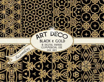 Carta digitale Art Deco, modelli Art Deco retrò senza cuciture in nero e oro download istantaneo per uso commerciale