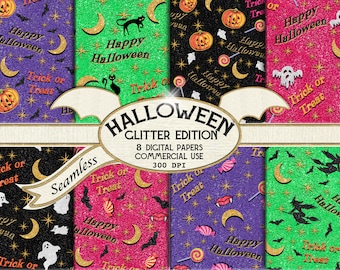 Halloween Digital Paper, Halloween Glitter Effect, Pumpkin Candy Bats Witches & Ghosts Creepy and Cute Seamless Pattern for instant download