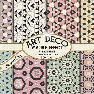 Może przedstawiać: Osiem bezszwowych wzorów geometrycznych w stylu Art Deco z efektem marmuru. Wzory są w odcieniach różowego, niebieskiego, beżowego, czarnego i białego. Tekst "Art Deco Marble Effect" jest wyświetlany na banerze u góry obrazu. Tekst "8 Patterns Commercial Use 300 DPI" jest wyświetlany w kółku pod banerem. Tekst "Seamless" jest wyświetlany na wstążce.
