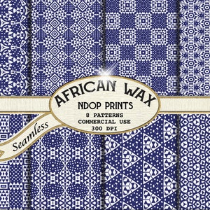 Puede incluir: Un conjunto de ocho patrones de papel digital sin costuras que presentan diseños de estampado de cera africana en azul y blanco. Los patrones son de 300 DPI y son para uso comercial. El texto "African Wax Ndop Prints" se muestra en una pancarta.