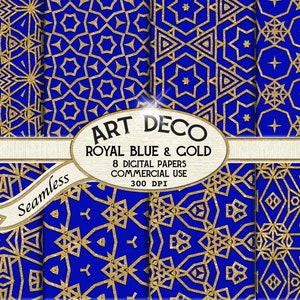 Art Deco digital paper, seamless retro Art Deco patterns in blue and gold instant download for commercial use