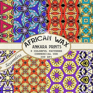 May include: Eight colorful seamless patterns in an African wax print style. The patterns feature geometric shapes and designs in shades of red, yellow, blue, green, purple, and black. The text "AFRICAN WAX ANKARA PRINTS 8 COLORFUL PATTERNS COMMERCIAL USE 300 DPI" is displayed on a banner.