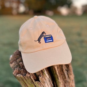 Dachshund with Beer Crate Cap | Beige | Unisex Dad Hat | Embroidered Cap