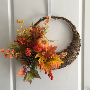 Horn of plenty pumpkin, berry, maple leaves wreath; Cornucopia wreath; Faux autumn home decor
