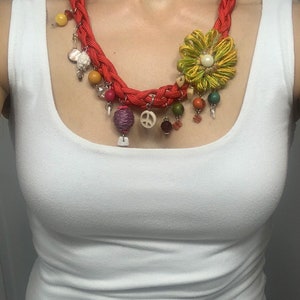 Yellow Flower Necklace, handmade red necklace,