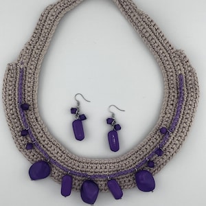 Purple handmade crocheted necklace set with earrings