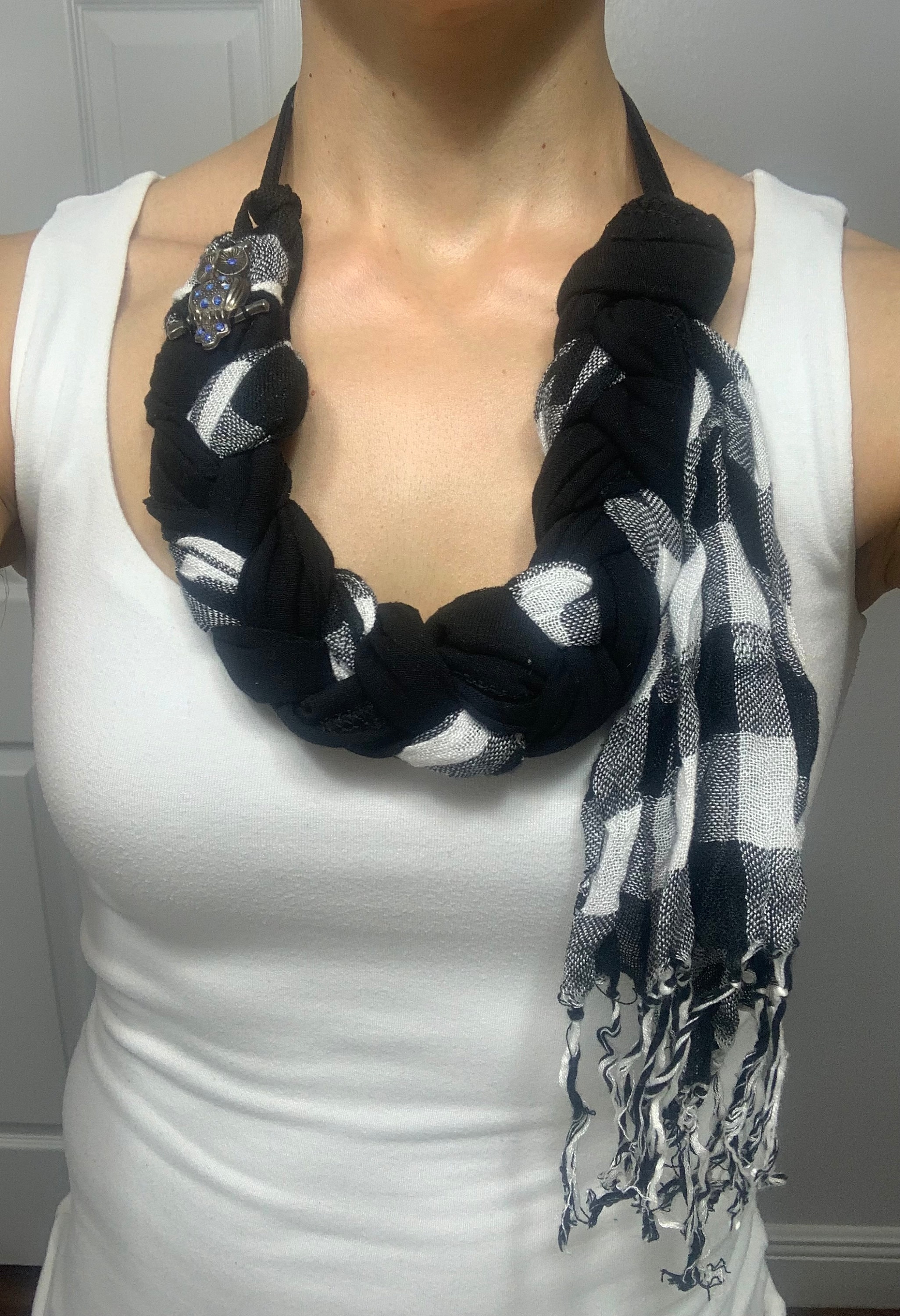 Handmade Checkered Linen Necklace with Silver Owl Pendant