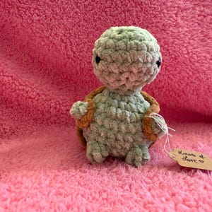 May include: A crocheted green turtle plush toy with brown shell accents. The toy is sitting on a pink fuzzy surface. A small tag attached to the toy reads "Hugs & Love".