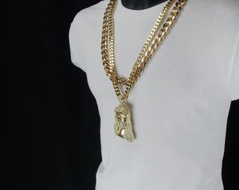 14k Gold Large Jesus Pendant 30" Cuban Mens Necklace Set