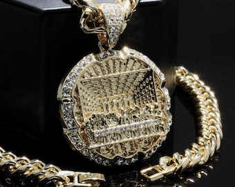 14k Mens Jesus XL Last Supper Pendant Necklace Set Yellow Gold 10mm 24"
