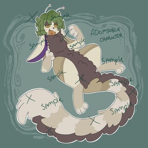 May include: An illustration of an adoptable character with a green-haired head, tan body, and a long, fluffy tail. The character has a brown fur-like chest and a purple accent on the ear. The words "Adoptable Character" are written on the image.