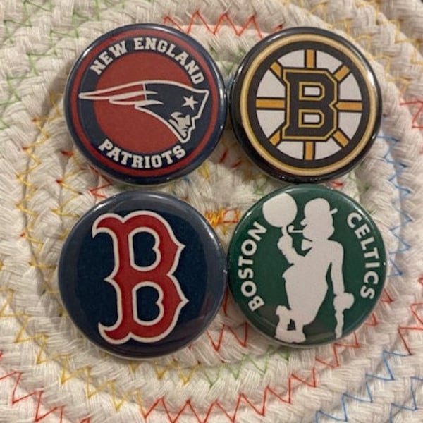 Boston Sports Teams 1 1/4" Fridge Magnets / Pinback Buttons - FOUR pack - New England sports pin back