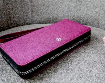 RFID Canvas Continental Clutch Wallet, Wine Red, Detachable Straps