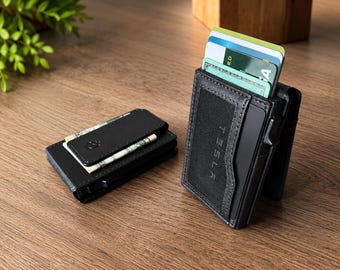 Pop-Up Trigger Card Holder, BLACK,  RFID Blocking, Magnetic Money Clip, Vegan Leather Wrapped Metal Case Wallet, Gift for Him