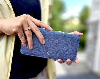 Denim Blue Canvas Bifold Wallet, RFID, Slim Long Wallet