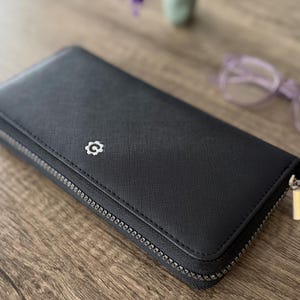 Long Zip-Around Continental Clutch, Black, Vegan Leather, RFID Block. Hold Cards/Cash/Check/ Phone /Key, chapstick/Pen holder. Gift for her.