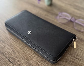 Long Zip-Around Continental Clutch, Black, Vegan Leather, RFID Block. Hold Cards/Cash/Check/ Phone /Key, chapstick/Pen holder. Gift for her.