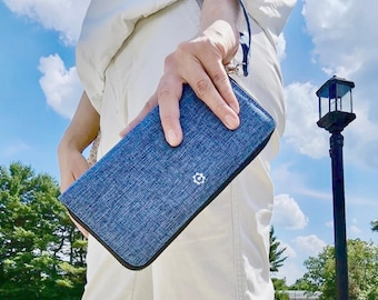 Denim Blue Canvas Zip-Around Long Clutch Wallet, RFID Blocking, Continental Style