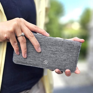 Long Canvas Bifold Wallet, Slim, Gray, RFID Block w/ ID window. Hold up to 12 cards. Zipper back pocket for keys / coins. Simple & Classic