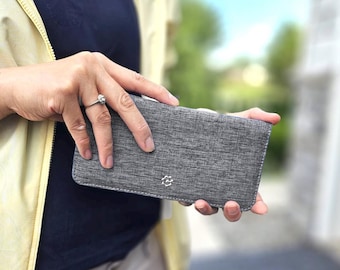 Long Canvas Bifold Wallet, Slim, Gray, RFID Block w/ ID window. Hold up to 12 cards. Zipper back pocket for keys / coins. Simple & Classic