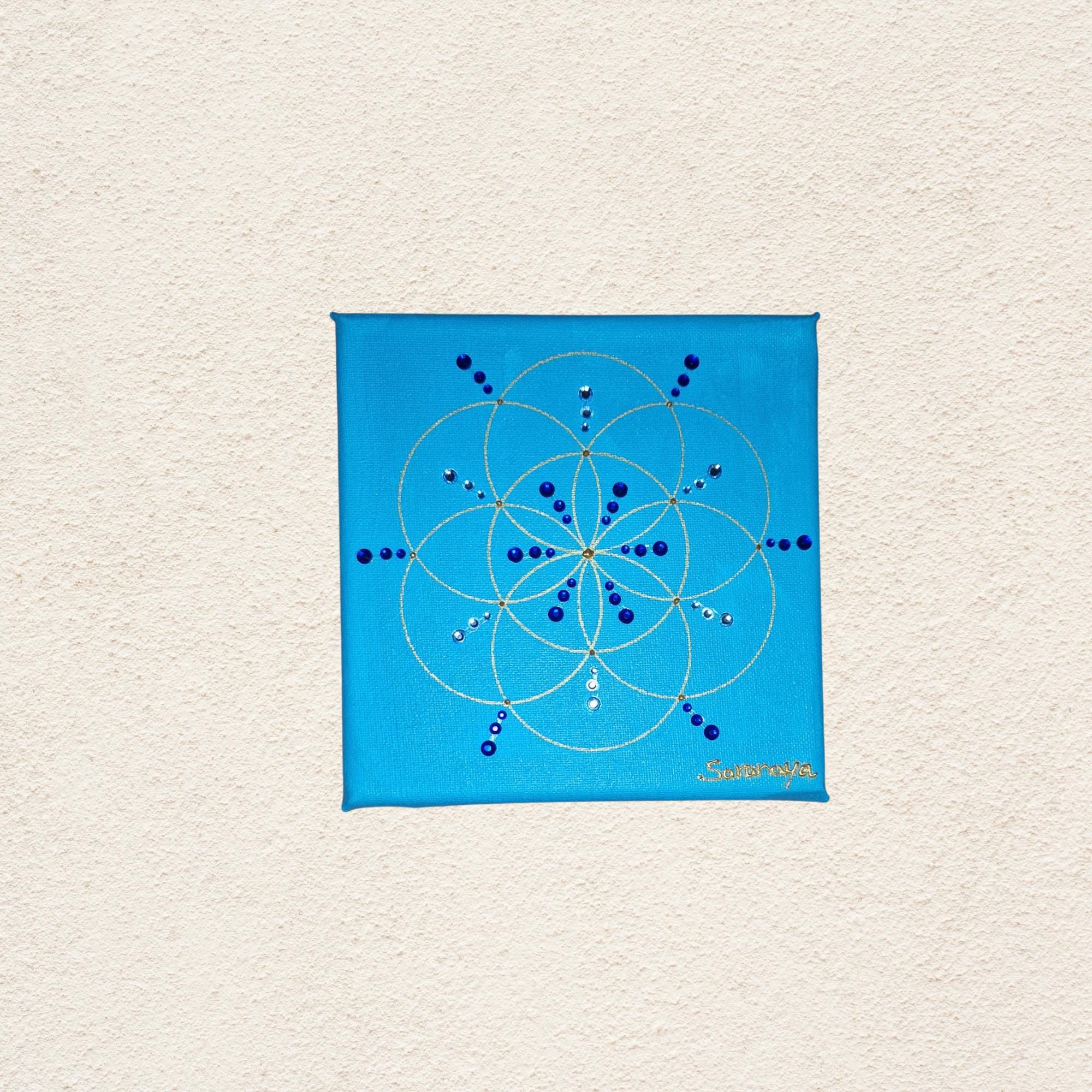 Wandbild Blume Des Lebens Handgemalt Auf Leinwand – Gold Auf Grün, 50x50 Cm, Made In Germany