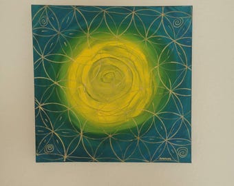 Arte, Energía, Arte Espiritual "Cuadro Energético - Mandala de la Flor de la Vida en Verde y Amarillo - Arte Espiritual de Pared, Arte de Luz para la Apertura del Corazón"