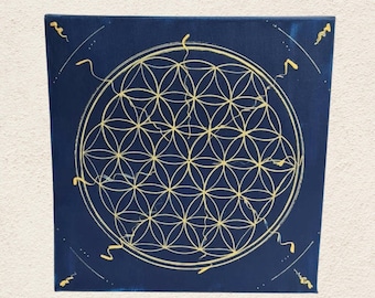 Sacred Geometry Art Flower of Life Painting 29 x 29 cm Energetic Wall Art in Blue and Gold, Spiritual Decoration
