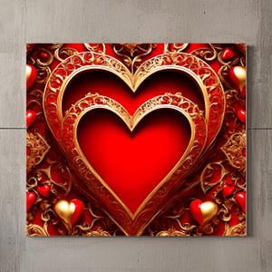 Könnte beinhalten: Ein rotes Herz mit einem goldenen, verzierten Rahmen. Das Herz ist von kleineren roten Herzen mit goldenen Akzenten umgeben.