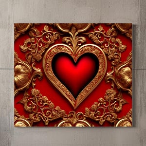 Könnte beinhalten: Ein rotes Herz mit einem goldenen, verzierten Rahmen. Das Herz ist umgeben von einem goldenen, filigranen, floralen Design auf rotem Hintergrund.