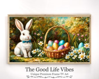 Easter Bunny and Eggs Vintage Oil Painting Soft Pastels Flowers Basket Trees Samsung LG & Sony Frame TV Art AI assisted art Digital download