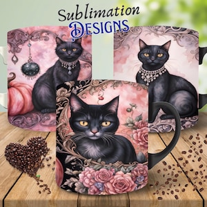 3 Black Cat Images Pink Floral Pumpkin Fall Coffee Mug Wrap Sublimation Designs Vintage Aesthetic Gift Gothic Printable Digital Download Art