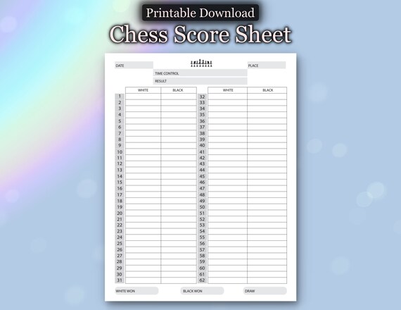 Printable A4 Chess Score Sheet High Resolution PDF. (Instant Download) 