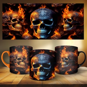 May include: Three black coffee mugs with orange handles. Each mug features a different image of a skull with flames and intricate designs. The skulls are blue and silver with black details.