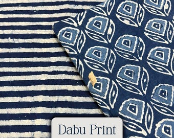 Indigo Dabu Print 100% Soft Cotton Fabric, Hand Block Printed Natural Dye Fabric, Indian Sewing Fabric, Women Clothing Fabric By The Yard