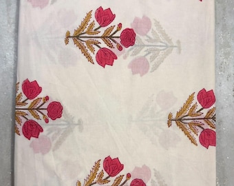 Flower Cotton Hand Block Fabric | Summer Dressmaking Voile, Ethnic Craft, Soft Breathable Fabric for Clothing & Home Crafts