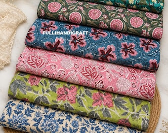 Bohemian Indian Hand Block Printed Pure Cotton Fabric by the Yard | Floral Dress & Crafting Material | Quilting, Summer Women Kids Apparel