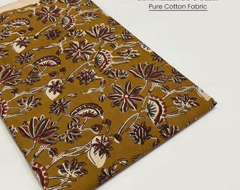 Kalamkari Hand Block Print Fabric, Indian Ethnic Cotton Material for Kurti, Boho Vintage Style, Casual Fall Outfit, Gift for Her