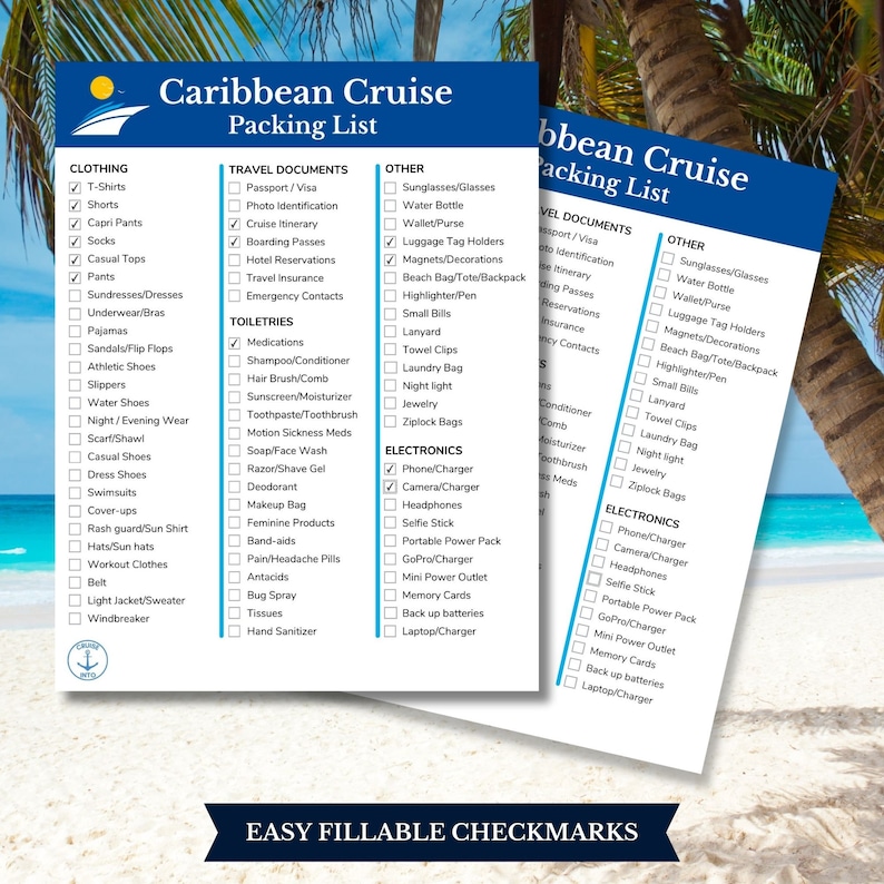 Caribbean Cruise Packing List fillable checkmarks